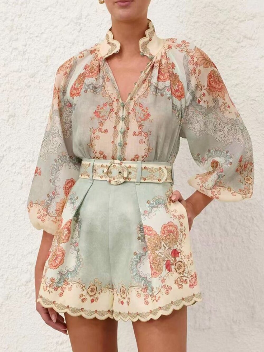 ZIMMERMANN Green Floral Blouse & Shorts Set – Size 2